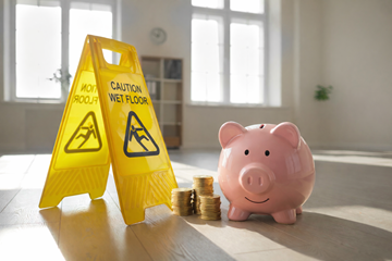 piggy bank sitting on ground next to wet floor sign