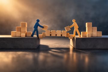 two wooden figures build a bridge between them using wooden blocks