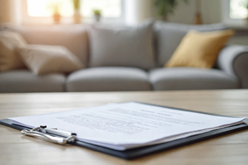 a clipboard sits on a table in front of sofa in a home